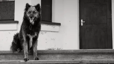 A dog sitting calmly by the front door as a pet sitter arrives with a leash