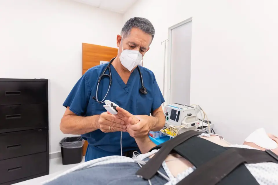 A veterinarian listening to a dog&#x27;s abdomen during an exam